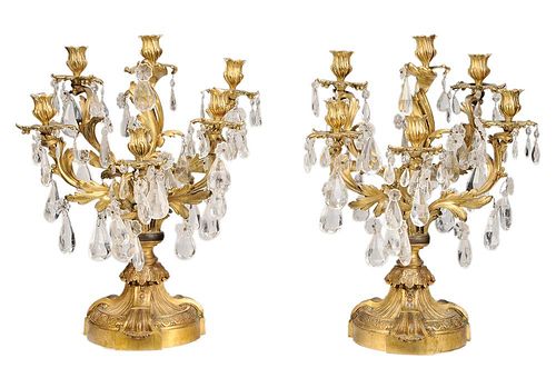 Pair Louis XV Style Gilt Bronze and Rock Crystal Six Light Candelabrum