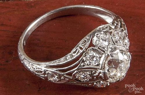 Platinum diamond dinner ring with a center Old European cut diamond, approx. 0.75ct