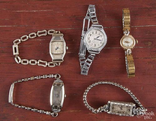 Five ladies wrist watches, to include 10K, 14K and other cases, of various names, including Hamilton
