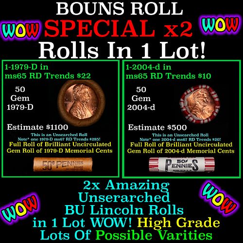 2x BU Shotgun Lincoln 1c rolls, 1979-d & 2004-d 50 pcs Each 100 Coins Total 50c