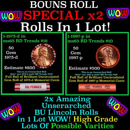 2x BU Shotgun Lincoln 1c rolls, 1975-d & 1997-p 50 pcs Each 100 Coins Total 50c