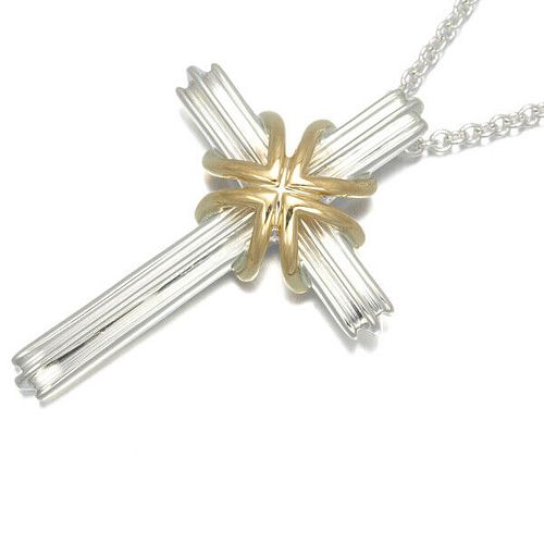 TIFFANY & CO. SIGNATURE CROSS STERLING SILVER & 18K YELLOW GOLD NECKLACE