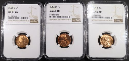 1948-S, 1952-D, 1954-S LINCOLN CENTS NGC MS66 RD