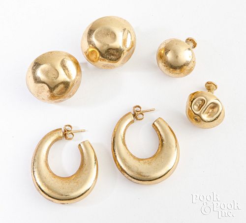 Three pairs of 14K gold earrings