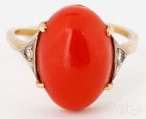 14k yellow gold coral ring with diamond
