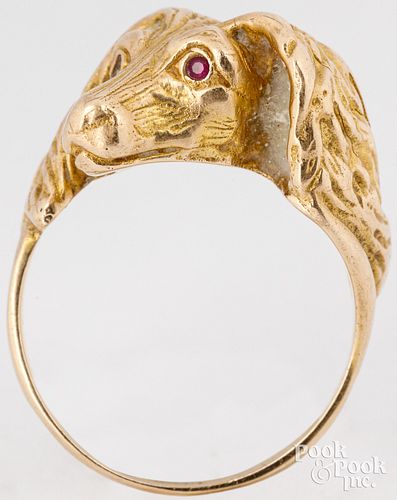 14K yellow gold dog ring with one ruby