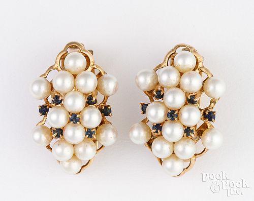 14k yellow gold pearl and sapphire earrings