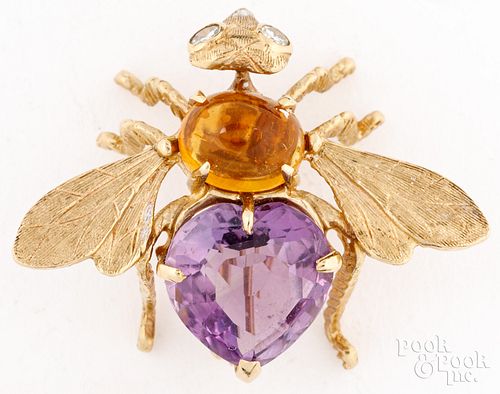 14K gold bee brooch with amethyst, citrine, etc.