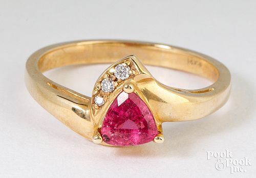 14K yellow gold, pink tourmaline, and diamond ring