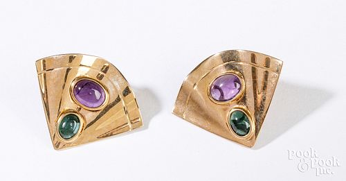 14K yellow gold, amethyst and tourmaline earrings
