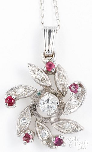 14K white gold necklace with rubies and diamonds