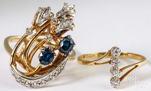 14K two-toned ring with diamonds, sapphires, etc.