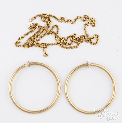 Two 14K yellow gold hoops and a 14K necklace