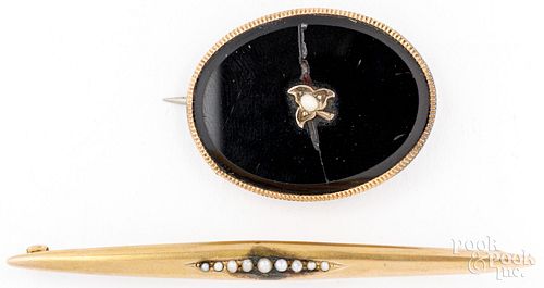 14K black onyx brooch with seed pearl, 10K bar pin