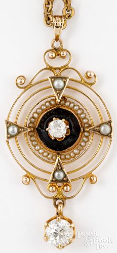 14k gold enamel pendant with pearls, diamonds