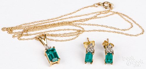 14K gold necklace and earrings with emeralds