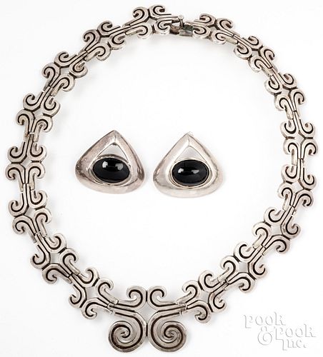 Sterling silver necklace, black onyx earrings