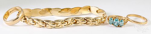 14K yellow gold bracelet, three 14K gold rings