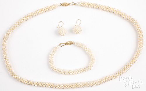 Pearl necklace, bracelet, and earrings set