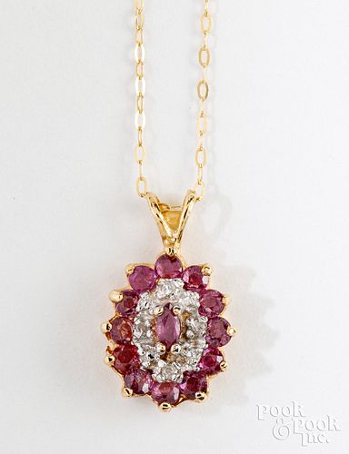 14K yellow gold necklace with diamonds, rubies