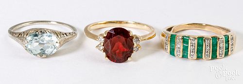 14K yellow gold ring with garnet and diamonds, etc