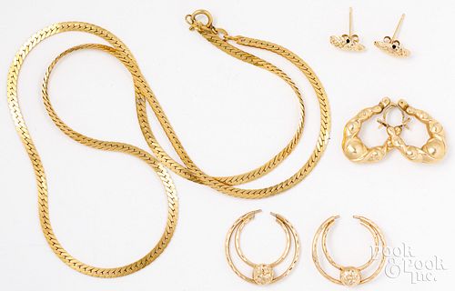 14K yellow gold necklace, earrings