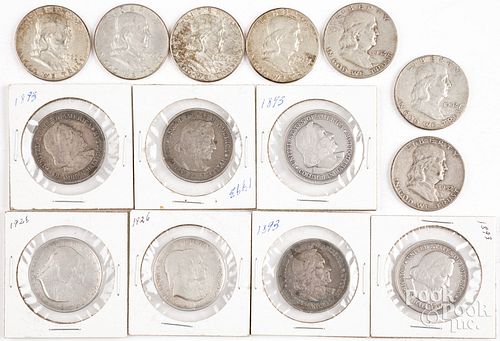 Five Columbian silver half dollars, etc.