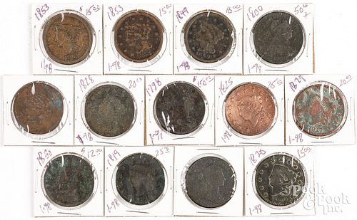 Thirteen US large cents, including 1800 and 1798