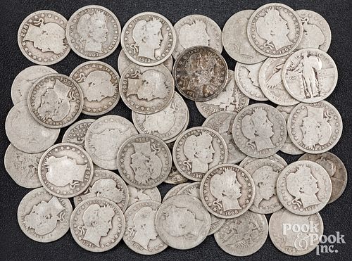 Forty-three silver Barber quarters, etc.