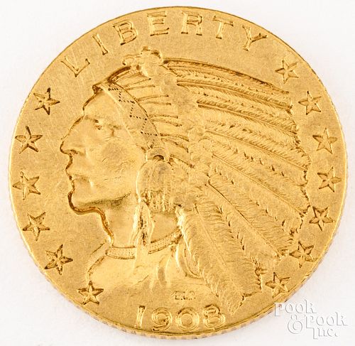 1908 five dollar Indian Head gold coin