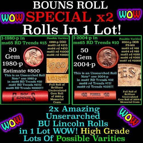 2x BU Shotgun Lincoln 1c rolls, 1980-p & 2004-p 50 pcs Each 100 Coins Total 50c