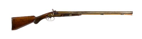 William Moore side by side percussion shotgun, 12 gauge, with a checkered walnut pistol grip stock