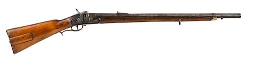 Austrian model 1842 Kammerbuchse rifle, approximately .58 caliber, having a hardwood stock with a