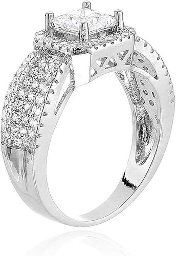 Decadence Sterling Silver 5mm Princess Cut Engagement Ring With Indented Pave Band Size 7