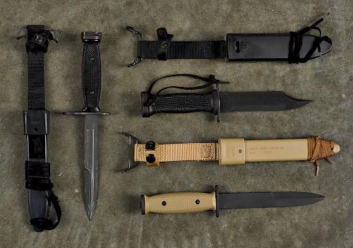 Three contemporary knives, to include two M10 and a USN Mk 3 mod 0 bayonet, with 6 1/2'' blade.