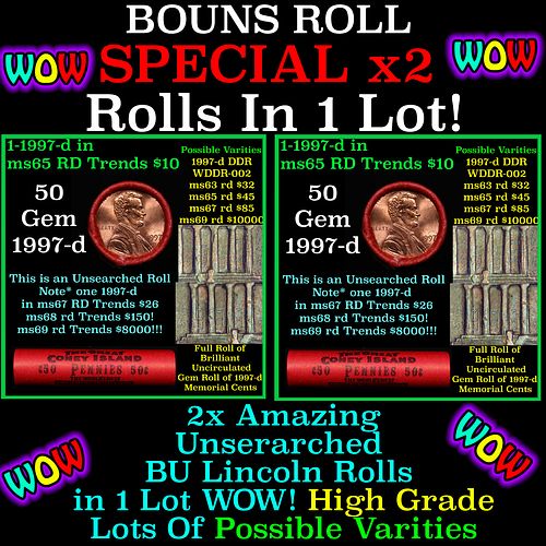 2x BU Shotgun Lincoln 1c rolls, 1963-d & 2002-d 50 pcs Each 100 Coins Total 50c