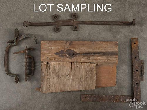 Collection of early iron, to include hinges, thumb latches, etc.