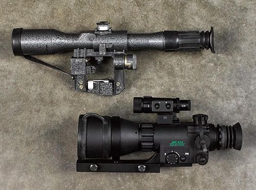 Two rifle scopes, to include an Aries 410 Spartan night vision scope with mounting rail and a Ru