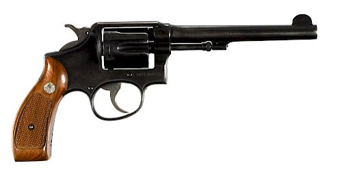 Smith & Wesson model 10 Official Police six shot revolver, .38 S & W Special caliber, with walnut