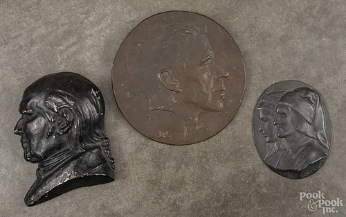 Three bronze portrait medallions, largest - 7 1/2'' dia.