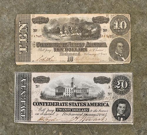 A $20 and $10 1864 Confederate note. Provenance: The Militaria Collection of Boyd W. Houck, Philip
