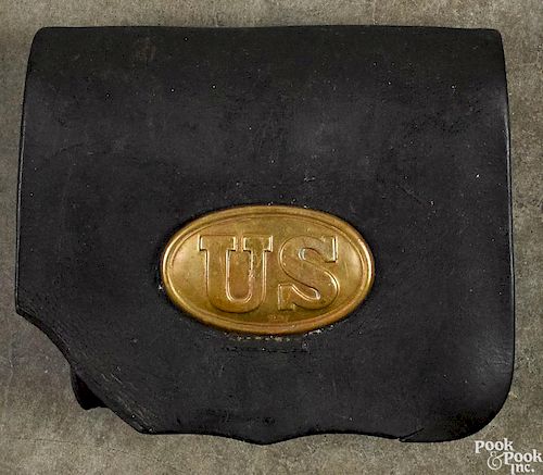 Civil War leather cartridge box, inscribed B. Jewell & Sons - maker Hartford Ct., with a brass o