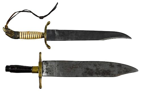 Two Bowie style knives, to include one with rosewood grip and brass cross guard, the blade inscrib
