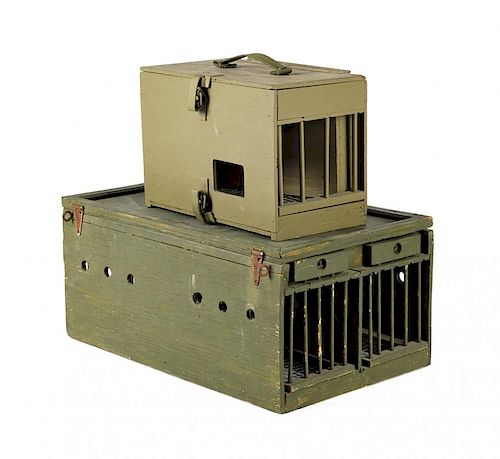 USAAF 280th Signal Pigeon Co. parachute drop wood cage, having four compartments with unit insignia on lid, 10" h., 22" w., 