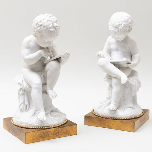 Pair of Paris Biscuit Figures 'LEnfant Lisant' and 'L'Enfant Dessinant', After Charles Sauvage (Lemire), 