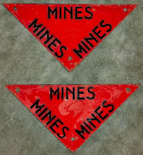 Two WW II stenciled tin MINES warning signs, 5 1/2'' h., 11'' w.