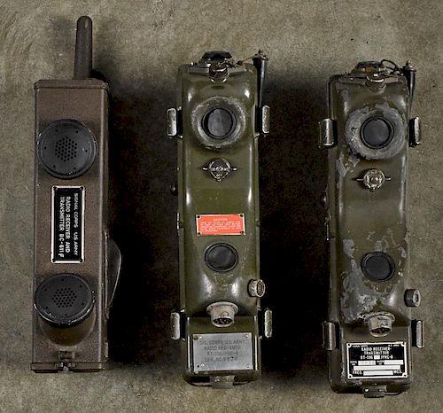 Two WW II U.S. Army Signal Corps. Radio Receiver Transmitter RT-196 walkie talkie field phones,