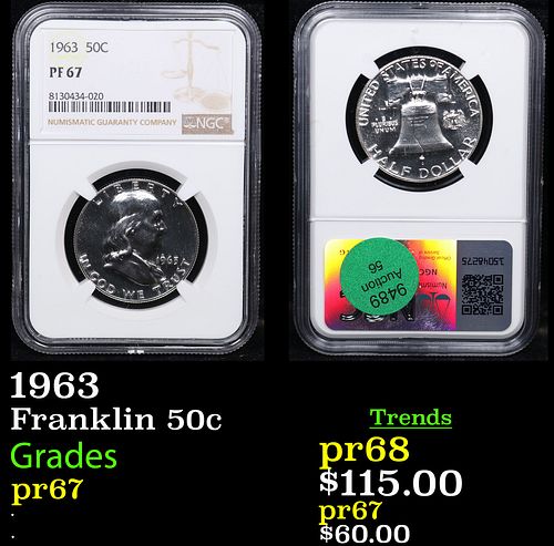 Proof NGC 1963 Franklin Half Dollar 50c Graded pr67 By NGC