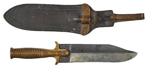 US Springfield model 1880 hunting knife with scabbard, stamped on brass hanger R.I.A., and 3768