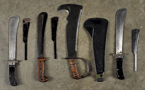 Four machetes, to include two WWII pilot survival examples, one Camillus, one Cattaraugus, togethe